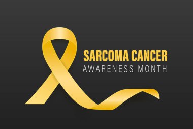 Sarkoma, Kemik Kanseri Banner, Kart, Siyah Arkaplanda 3 boyutlu Gerçekçi Sarı Kurdele. Sarkoma Kanseri Bilinci Ay Sembol Kapanışı, Temmuz. Dünya Kemik Kanseri Günü Konsepti.