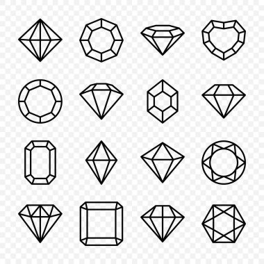 Vektör Düz Basit Minimalist Doğrusal Siyah ve Beyaz Gemstone Simgeleri Ayarlandı. Elmas, kristal, yapay elmaslar izole edildi. Mücevher konsepti. Gemstone Tasarım Şablonu, Gem Clipart. Üst, Ön Görünüm.