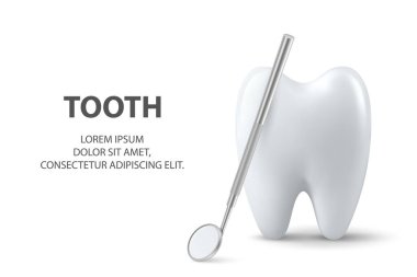 Vektör 3d Gerçekçi Diş ve Diş Aynası Kapanışı Beyaz Arkaplan 'da izole edildi. Tıbbi Diş Hekimi Bayrağı. Tasarım Şablonu, Clipart, Mockup. Diş Hekimliği, Sağlık, Hijyen Konsepti.