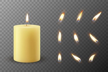 Vektör 3d Gerçekçi Parafin Parafin Yakma Partisi, Spa Mumları ve Yanan Alev Seti İzole Edildi. Mum, Mum Alevi Tasarım Şablonu, Ön Görünüm.