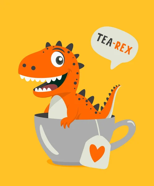 Tea Rex Vector Funny Cute Textured Cartoon Dinosaur Tea Cup Vector Graphics