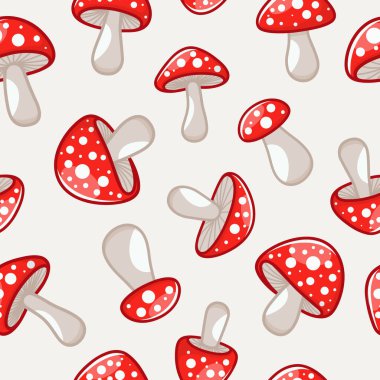 Elle çizilmiş mantar mantarlı vektör kusursuz desen. Amanita Muscaria, Fly Agaric Illustration. Mantarlı baskı. Sihirli Mantar Sembolü, Tasarım Şablonu.