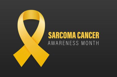 Sarkoma, Kemik Kanseri Banner, Kart, Siyah Arkaplanda 3 boyutlu Gerçekçi Sarı Kurdele. Sarkoma Kanseri Bilinci Ay Sembol Kapanışı, Temmuz. Dünya Kemik Kanseri Günü Konsepti.