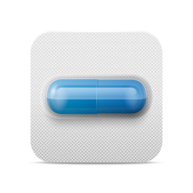 Vector Realistik İlaç Mavi Haplar, Vitaminler, Kapsül Kapalı Kabarcık Kapsülü izole edildi. Kabarcık Ambalaj Tasarım Şablonu. Ön Manzara. Tıp, Sağlık Konsepti.