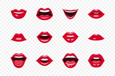 Düz Vektör Kırmızı Dişi Dudaklar Simge Ayarlama Kapanışı. Kadın dudakları, farklı ifadeler, duygular. Gülümse, Kiss, Güzellik Konsepti. Modern Pop Art Çizgi Film Tarzı, Basit Tasarım.
