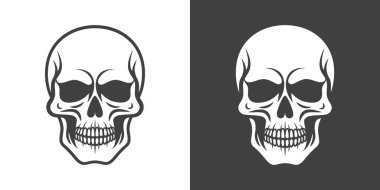 Vektör Siyah ve Beyaz Kafatası oyunu izole edildi. Outline 'lı Kurukafalar Koleksiyonu, Front View' daki Kesme Tarzı. El Çizimi Kafatası Tasarım Şablonu.