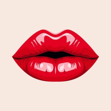 Flat Vector Red Female Lips Icon Closeup. Woman Lips Giving Kisses. Kiss, Love, Sexy and Beauty Concept. Modern Pop Art Cartoon Comic Style, Simple Design. clipart