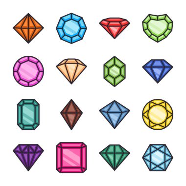 Vektör Düz Basit Minimalist Gemstone Simgeleri Ayarlandı. Elmas, kristal, yapay elmaslar izole edildi. Mücevher konsepti. Gemstone Tasarım Şablonu, Gem Clipart. Üst, Ön Görünüm.