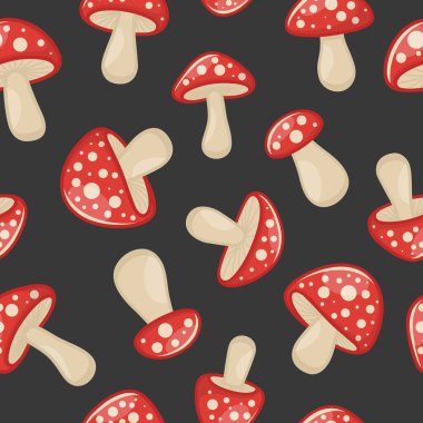 Kara Arkaplan 'da El Çizimi Mantarlı Vektör Kusursuz Desen. Amanita Muscaria, Fly Agaric Illustration. Mantarlı baskı. Sihirli Mantar Sembolü, Tasarım Şablonu.