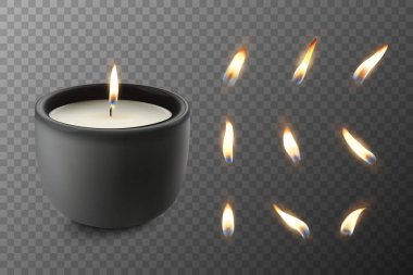 Vektör 3d Gerçekçi Parafin Parafin Yakma Partisi, Spa Mumları ve Yanan Alev Seti İzole Edildi. Mum, Mum Alevi Tasarım Şablonu, Ön Görünüm.