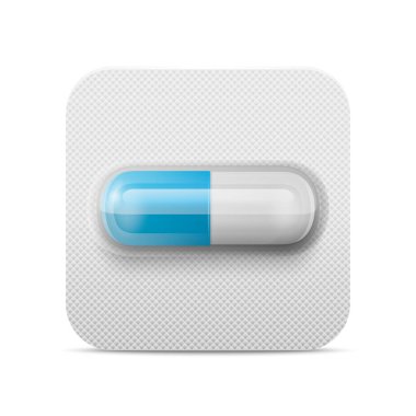 Vector Realistik İlaç Mavi Haplar, Vitaminler, Kapsül Kapalı Kabarcık Kapsülü izole edildi. Kabarcık Ambalaj Tasarım Şablonu. Ön Manzara. Tıp, Sağlık Konsepti.