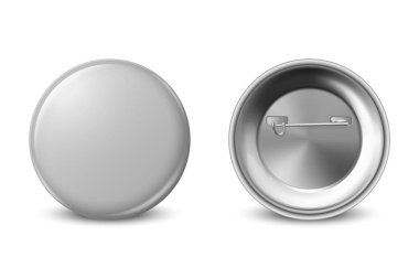 Vektör 3d Gerçekçi Boş Gri Yuvarlak Düğme Rozet Kapatma Beyaz Arkaplanda izole edildi. Rozet, Plastik veya Metal Kimlik Tasarım Şablonu, Model. Ön Görünüm.