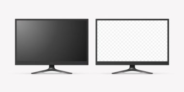 Vektör 3d Gerçekçi Modern TV Ekranı. Minimalist Stylish Lcd Paneli, Led TV Frame. Mockup için Büyük Bilgisayar Monitörü Görünüm Tasarımı. Boş Televizyon Şablonu. Katalog, Web Sitesi Konsepti. Ön Görünüm.