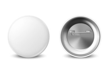 Vektör 3d Gerçekçi Boş Beyaz Yuvarlak Düğme Rozet Kapatma Beyaz Arkaplanda izole edildi. Rozet, Plastik veya Metal Kimlik Tasarım Şablonu, Model. Ön Görünüm.