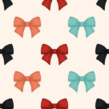 Çizgi Film Papyonlu Vektör Kusursuz Desen ya da Beyaz Arkaplanda Taslak Çizili Hediye Yayı. Yay Tasarım Şablonu.