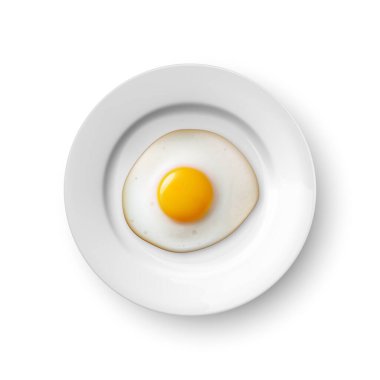 Top View 'da izole edilmiş Tabak Kapağı Üzerinde Gerçekçi Vektör 3d Kızarmış Yumurta. Çırpılmış yumurta, omlet ya da omlet tasarım şablonu, kahvaltı konsepti.