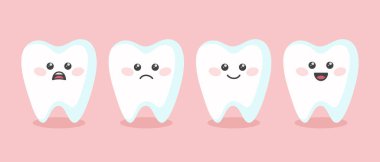 Düz Dişli Dişli, Farklı Duygular, Yüz İfadeleri. Mutlu, üzgün, gülen dişler. Diş Denetim Pankartı. Yüzü Kawaii tarzında Diş Karakteri. Tıbbi, Dişçi, Diş Sağlığı Konsepti.
