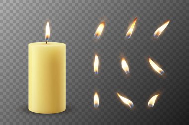 Vektör 3d Gerçekçi Parafin Parafin Yakma Partisi, Spa Mumları ve Yanan Alev Seti İzole Edildi. Mum, Mum Alevi Tasarım Şablonu, Ön Görünüm.