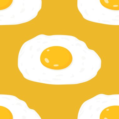 Düz Kızarmış Yumurtalı Vektör Kusursuz Desen, Sarı Arkaplanda Omlet. Sağlıklı Kahvaltı, Protein Gıda, Beslenme Konsepti. Tasarım Şablonu.