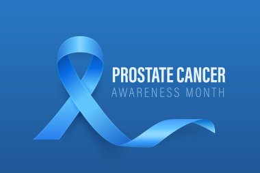 Prostat Kanser Banner, Kart, Mavi Arkaplanda 3 boyutlu Gerçekçi Mavi Kurdele. Prostat Kanseri Farkındalığı Ay Sembol Kapanışı, Eylül. Dünya Prostat Kanser Günü Konsepti.