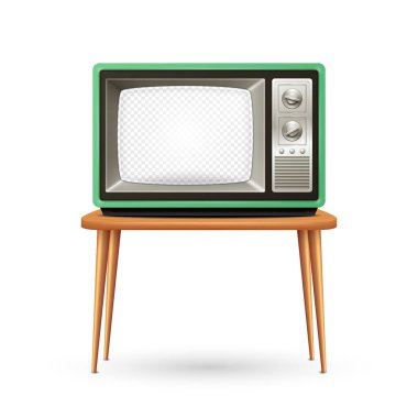 Vektör 3d Gerçekçi Retro TV Seti izole edildi. Home Interior Design Concept with Vintage Television Set in Front View. Klasik Retro TV Alıcısı filmi. Nostalji, Vintage Elektronik, Televizyon Konsepti.