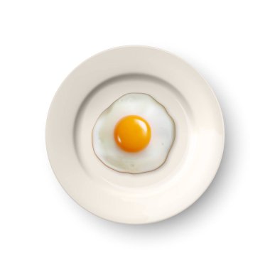 Top View 'da izole edilmiş bir tabak kapağında 3d Gerçekçi Kızarmış Yumurta. Çırpılmış yumurta, sahanda yumurta, omlet tasarımı. Lezzetli Kahvaltı, Yemek, Mutfak Konsepti.