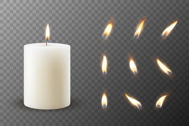 Vektör 3D Gerçekçi Parafin Parafin Yakma Partisi Spa Mumları ve Yanan Alevler Seti izole edildi. Mum, Mum Alevi Tasarım Gevşeme, Sağlık ve Kutlama Konsepti, Ön Görünüm Şablonu.