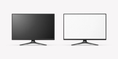 Vektör 3d Gerçekçi Modern TV Ekranı. Minimalist Stylish Lcd Paneli, Led TV Frame. Mockup için Büyük Bilgisayar Monitörü Görünüm Tasarımı. Boş Televizyon Şablonu. Katalog, Web Sitesi Konsepti. Ön Görünüm.