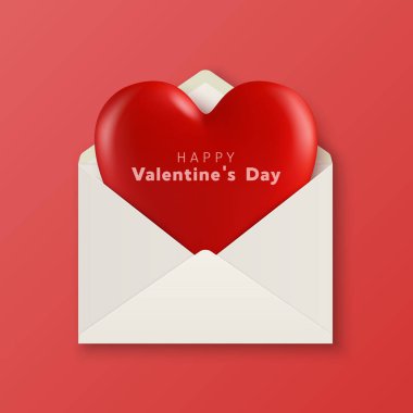 Vektör 3d Gerçekçi Kalp Şekli Kırmızı Arkaplan 'da izole edilmiş bir Zarf Kapanışı. Sevgililer Günü için Romantik Kırmızı Parlak Kalp Şekli. Tasarım ve Dekorasyon Şablonu.