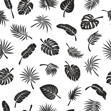 Tropikal Yaprak Siluetleriyle Kusursuz Örüntü. Düz Vektör Siyah ve Beyaz Kesim Stili Canavar, Ficus, Muz Yaprağı, Dracaena, Sabal Palm Yaprakları, izole edilmiş.