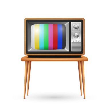 Vektör 3d Gerçekçi Retro TV Seti izole edildi. Home Interior Design Concept with Vintage Television Set in Front View. Klasik Retro TV Alıcısı filmi. Nostalji, Vintage Elektronik, Televizyon Konsepti.