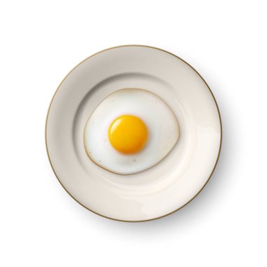 Top View 'da izole edilmiş bir tabak kapağında 3d Gerçekçi Kızarmış Yumurta. Çırpılmış yumurta, sahanda yumurta, omlet tasarımı. Lezzetli Kahvaltı, Yemek, Mutfak Konsepti.
