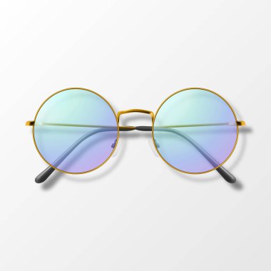 Vektör 3d Gerçekçi Mor Yuvarlak Çerçeve Gözlüğü izole edildi. Top View 'da güneş gözlüğü, mercek, antika gözlükler. Optik ve Göz Giyimi Markalaşma Konsepti için Tasarım Şablonu.