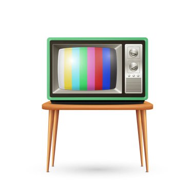Masadaki Vektör 3d Gerçekçi Yeşil Retro TV Seti izole edildi. Ev Tasarımı Konsepti için Klasik TV Tasarım Şablonu. Ön Görünümde Klasik Retro TV Alıcısı.