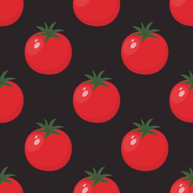 Siyah Arkaplanda Taze Domatesli Düz Vektör Deseni. Tüm Domatesli Kusursuz Sebze Baskısı.