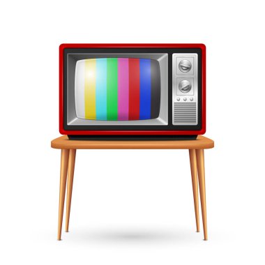 Vector Realistik Kırmızı Retro TV seti Tahta Masa 'da, beyaz arka planda izole edilmiş. Klasik TV Tasarım Şablonu. Klasik Retro TV Alıcısı Simgesi, Ön Görünüm.