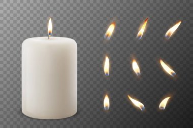 Vektör 3D Gerçekçi Parafin Parafin Yakma Partisi Spa Mumları ve Yanan Alevler Seti izole edildi. Mum, Mum Alevi Tasarım Gevşeme, Sağlık ve Kutlama Konsepti, Ön Görünüm Şablonu.