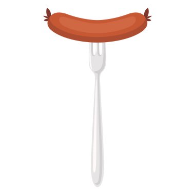 Vektör Düz Sosis ve Çatal Kapanışı Beyaz Arkaplan 'da izole edildi. Çizgi film Sosis Tasarım Şablonu.