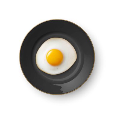 Vector 3d Gerçekçi Kızarmış Yumurta Kara Bulaşık Tabağı Kapanışı Üst Görüş 'te izole edildi. Çırpılmış yumurta, sahanda yumurta, omlet tasarımı. Lezzetli Kahvaltı, Yemek, Mutfak Konsepti.