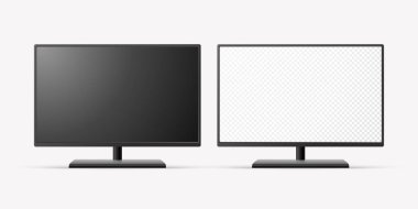 Vektör 3d Gerçekçi Modern TV Ekranı. Minimalist Stylish Lcd Paneli, Led TV Frame. Mockup için Büyük Bilgisayar Monitörü Görünüm Tasarımı. Boş Televizyon Şablonu. Katalog, Web Sitesi Konsepti. Ön Görünüm.