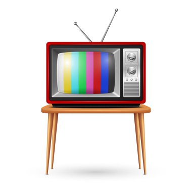 Tahta Masa 'da Vector Red Retro TV seti, izole edilmiş, Ön Manzara. Klasik TV Tasarım Şablonu. Test Çizelgesiyle Klasik Retro TV Alıcısı.