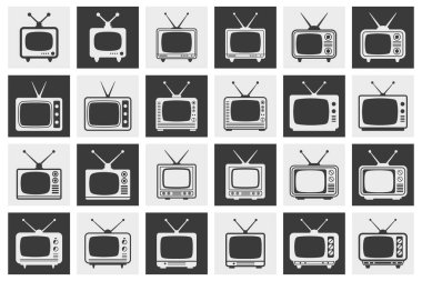 Düz Vektör Retro TV Basit Simge Ayarları. Klasik TV Tasarım Şablonu, Clipart. Klasik Retro TV Alıcı Koleksiyonu.