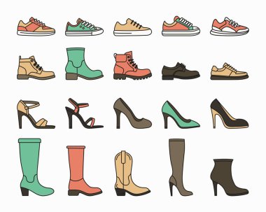 Düz Vektör Erkek ve Kadın Ayakkabı Simgesi İzole Edildi. Sneakers, Shoes, Boots Ayakkabı Rengi Simgeleri.