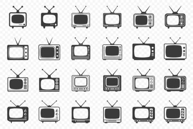 Düz Vektör Retro TV Basit Simge Ayarları. Klasik TV Tasarım Şablonu, Clipart. Klasik Retro TV Alıcı Koleksiyonu.