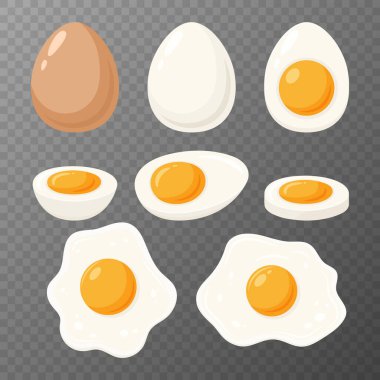 Vector Fried Egg, Sunny-Side-Up ve Hard Haşlanmış Yumurta Set, yakın plan, izole edilmiş. Sağlıklı Kahvaltı, Protein Gıda Clipart. Tam ve Dilimlenmiş Yumurta Tasarım Şablonları.