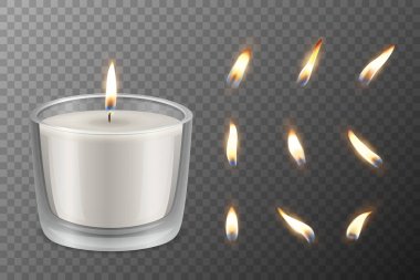 Vektör 3D Gerçekçi Parafin Parafin Yakma Partisi Spa Mumları ve Yanan Alevler Seti izole edildi. Mum, Mum Alevi Tasarım Gevşeme, Sağlık ve Kutlama Konsepti, Ön Görünüm Şablonu.