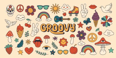 Vector Vintage Groovy Simgeleri ve Poster Tasarım Elemanları, Çıkartma Tasarımı. 70 'lerin Hippi Tarzı Retro Sembolü, Psikedelik Mantar, Çiçekler, Göz, Savaş Karşıtı Barış Sembolleri. Vektör İllüstrasyonu.