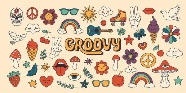 Vector Vintage Groovy Simgeleri ve Poster Tasarım Elemanları, Çıkartma Tasarımı. 70 'lerin Hippi Tarzı Retro Sembolü, Psikedelik Mantar, Çiçekler, Göz, Savaş Karşıtı Barış Sembolleri. Vektör İllüstrasyonu.