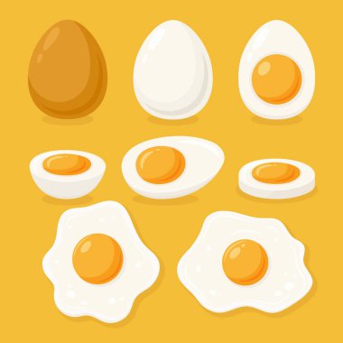 Vector Fried Egg, Sunny-Side-Up ve Hard Haşlanmış Yumurta Set, yakın plan, izole edilmiş. Sağlıklı Kahvaltı, Protein Gıda Clipart. Tam ve Dilimlenmiş Yumurta Tasarım Şablonları.