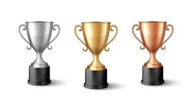 Vector Blank Golden, Gümüş ve Bronz Şampiyonlar Kupası Beyaz Arkaplanda izole edildi. Şampiyonluk Kupası Tasarım Şablonu. Spor Turnuvası Ödülü, Kazanan Kupa ve Zafer Konsepti.